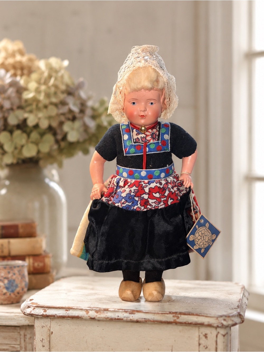 Vintage Dutch Folk Costume Doll with Wooden Clogs